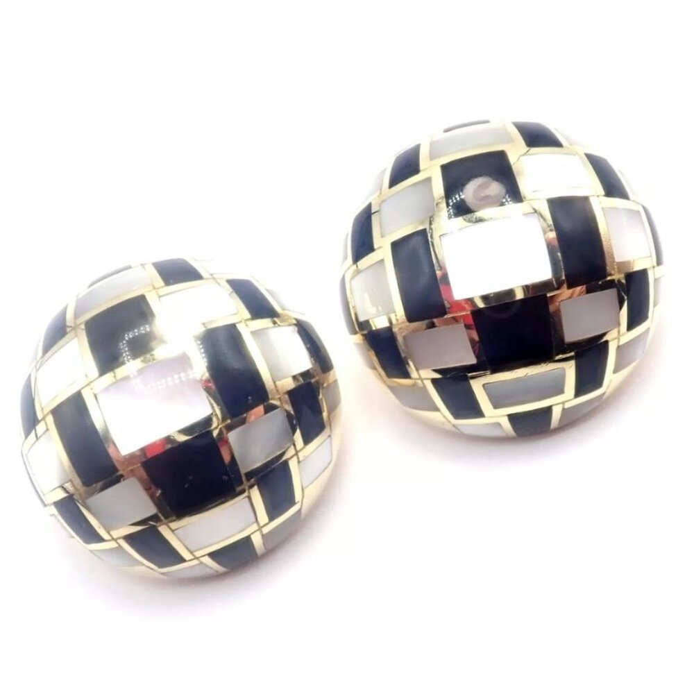 Tiffany & Co Cummings 18k Gold Mother of Pearl Black Jade Checkerboard Earrings - Picture 11 of 11